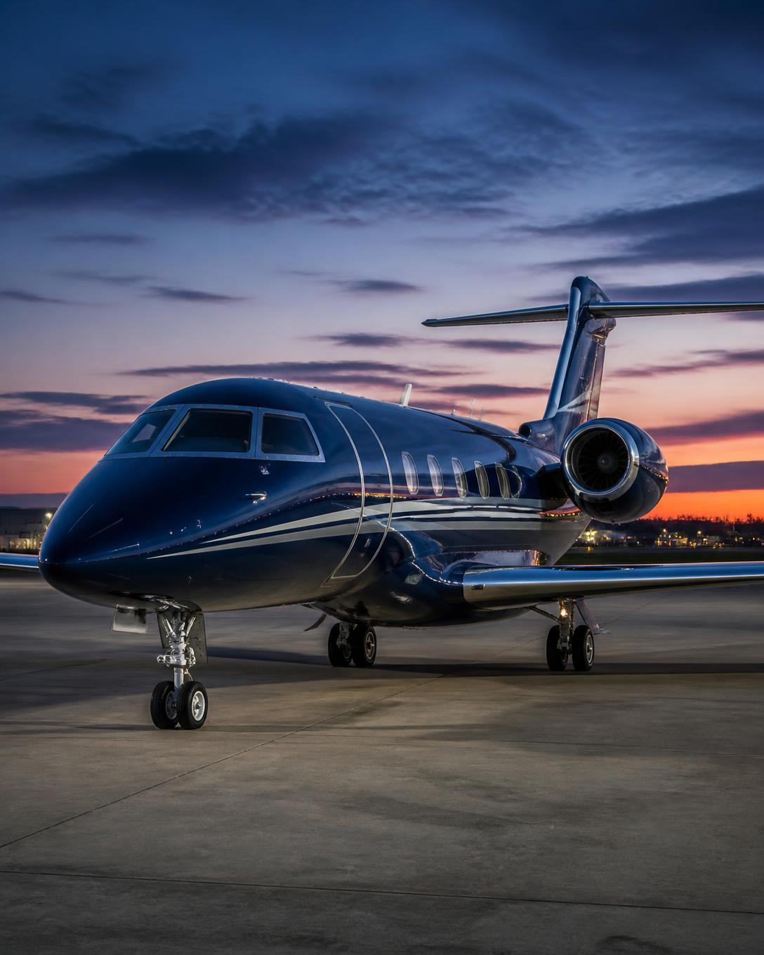Midnight blue private jet with silver trim on an apron at dusk